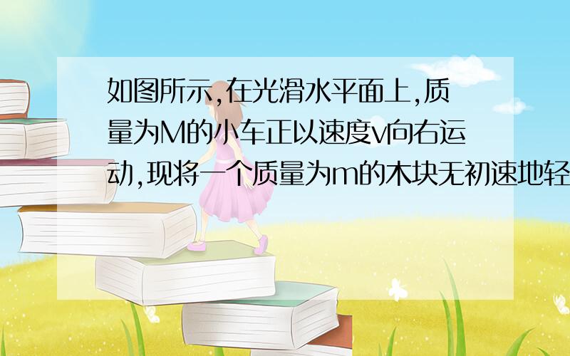 如图所示,在光滑水平面上,质量为M的小车正以速度v向右运动,现将一个质量为m的木块无初速地轻轻地放上小车,由于木块和小车间的摩擦力作用,小车的速度将发生变化,为使小车保持原来的运