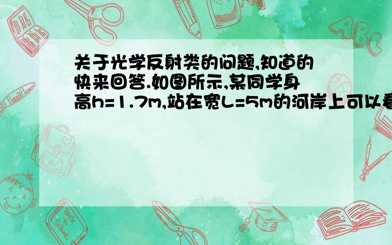 关于光学反射类的问题,知道的快来回答.如图所示,某同学身高h=1.7m,站在宽L=5m的河岸上可以看到对面岸边的路灯和它在河中的倒影（路灯的正下方恰好是河边）.当他后退2m时,刚好看不到河中