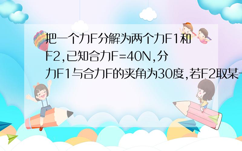 把一个力F分解为两个力F1和F2,已知合力F=40N,分力F1与合力F的夹角为30度,若F2取某一数值,可使F1有两个大小不同的数值,则F2的取值范围是多少