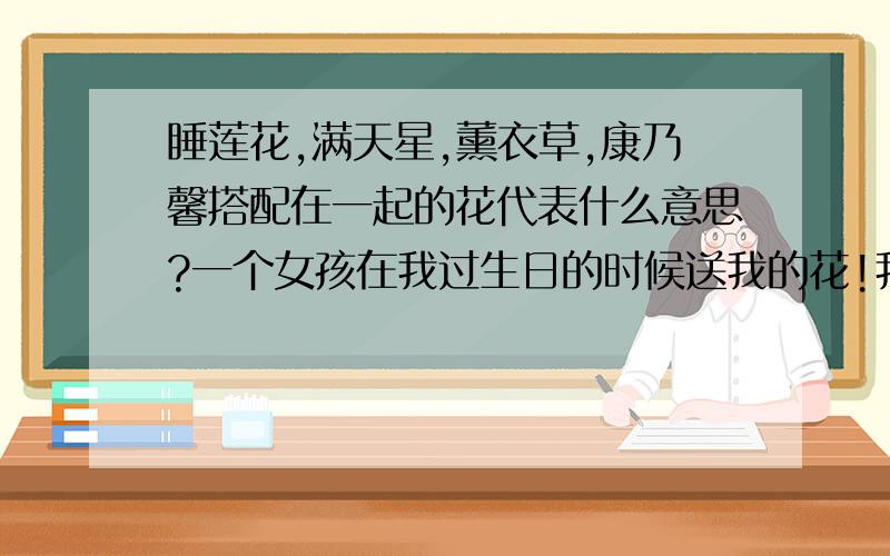 睡莲花,满天星,薰衣草,康乃馨搭配在一起的花代表什么意思?一个女孩在我过生日的时候送我的花!我很想知道这代表什么意思?是不是有什么特别的意思 太笨了!大哥大姐帮帮忙?只是“祝福”