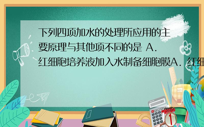 下列四项加水的处理所应用的主要原理与其他项不同的是 A．红细胞培养液加入水制备细胞膜A．红细胞培养液加入水制备细胞膜 B．蔬菜用水浸泡保持硬度 C．干种子浸水后萌发 D配置动物培