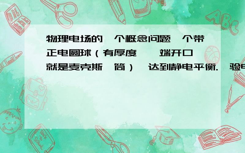 物理电场的一个概念问题一个带正电圆球（有厚度,一端开口,就是麦克斯韦筒）,达到静电平衡.一验电器的导线接到圆球内部,验电器的金属箔会张开,且带正电.为什么.应该说达到静电平衡后