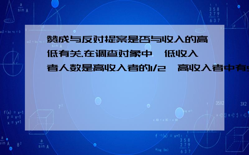 赞成与反对提案是否与收入的高低有关.在调查对象中,低收入者人数是高收入者的1/2,高收入者中有5/6的人赞成提案,低收入者中有1/3的人赞成提案.若有99%的把握认为赞成提案与否和收入的高