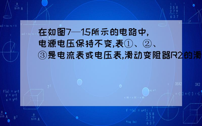 在如图7—15所示的电路中,电源电压保持不变,表①、②、③是电流表或电压表,滑动变阻器R2的滑片P在中点．当开关S闭合后,三块电表均有示数．滑片P向左移动时,下列说法正确的是（ ）       A