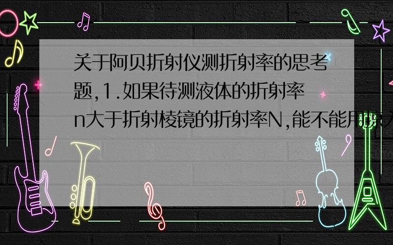 关于阿贝折射仪测折射率的思考题,1.如果待测液体的折射率n大于折射棱镜的折射率N,能不能用掠入射法来测定n?2.为什么应用反射法测量固体的折射率时,阿贝折射仪的刻度公式仍然使用?一般