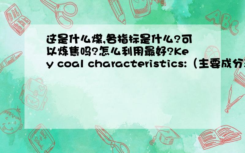 这是什么煤,各指标是什么?可以炼焦吗?怎么利用最好?Key coal characteristics:（主要成分表）Ad,% - 7.0 Vdaf,% - 37Sdt ,% - 0.4Pd,% - 0.008R0 – 0.85FSI – 9-10Max.Fluidity,ddpm - >40 000Y - >30