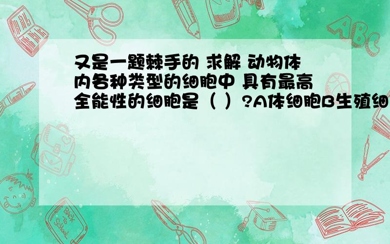 又是一题棘手的 求解 动物体内各种类型的细胞中 具有最高全能性的细胞是（ ）?A体细胞B生殖细胞C受精卵D干细胞百度其他答案是c居多 但是同学说是B 复习题答案也是B  还有的选D 又是一题