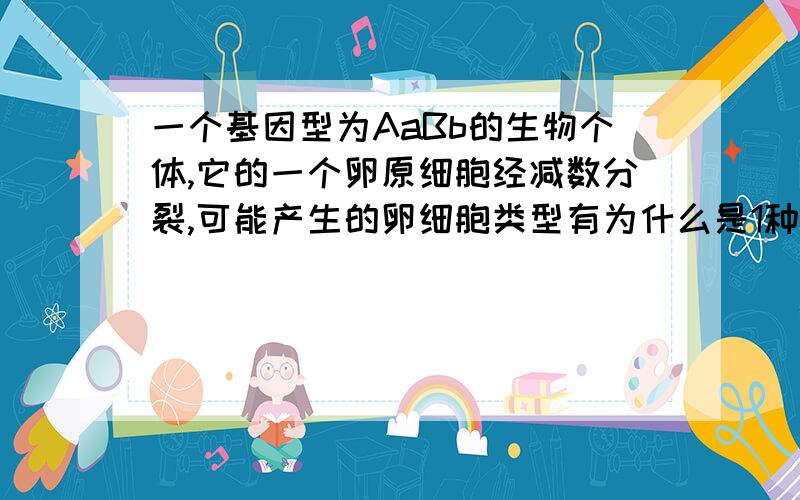 一个基因型为AaBb的生物个体,它的一个卵原细胞经减数分裂,可能产生的卵细胞类型有为什么是1种啊?不是有4种配子吗?虽然只产生1个卵细胞,但 还是有4种类型啊?要原因谢了