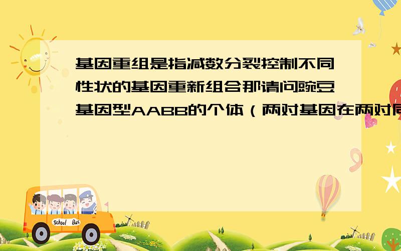 基因重组是指减数分裂控制不同性状的基因重新组合那请问豌豆基因型AABB的个体（两对基因在两对同源染色体上）进行减数分裂时能否进行基因重组?那他与另一个亲本aabb杂交,后代是AaBb,他