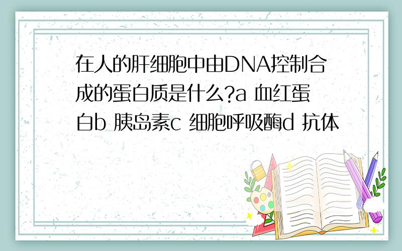 在人的肝细胞中由DNA控制合成的蛋白质是什么?a 血红蛋白b 胰岛素c 细胞呼吸酶d 抗体