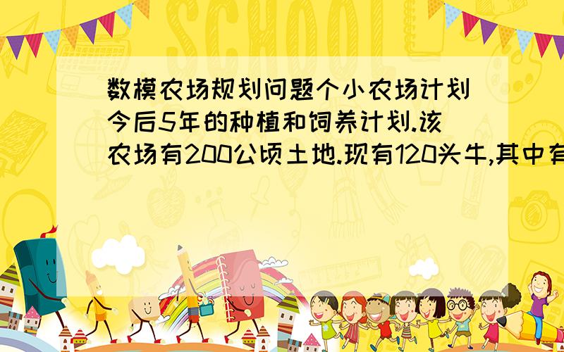 数模农场规划问题个小农场计划今后5年的种植和饲养计划.该农场有200公顷土地.现有120头牛,其中有20头小母牛、100头小奶牛.喂养小母牛每头占地 公顷,喂养奶牛每头占地1公顷.每头奶牛平均