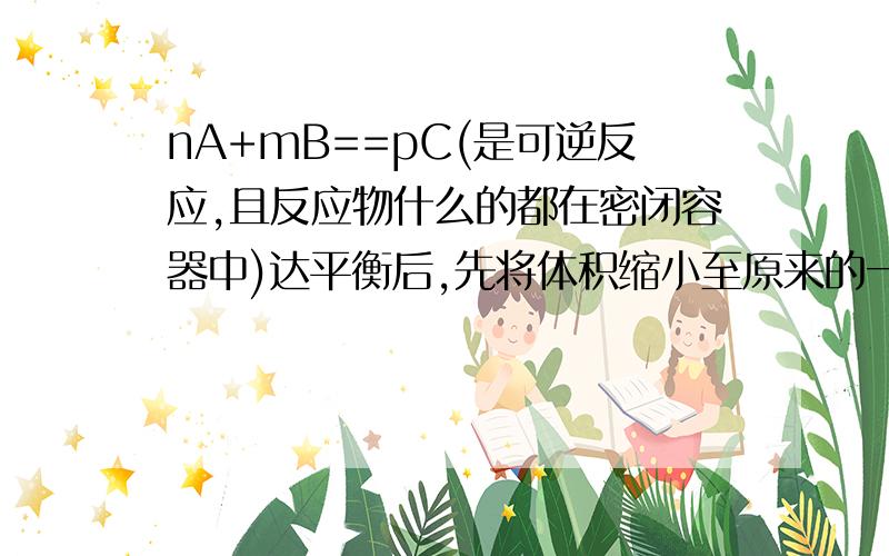 nA+mB==pC(是可逆反应,且反应物什么的都在密闭容器中)达平衡后,先将体积缩小至原来的一半,等她再次达到平衡后,C的浓度是原来的1.8倍.问m+n>p这个结论为什么不对,为什么平衡没有向正反应方