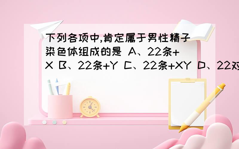 下列各项中,肯定属于男性精子染色体组成的是 A、22条+X B、22条+Y C、22条+XY D、22对+Y