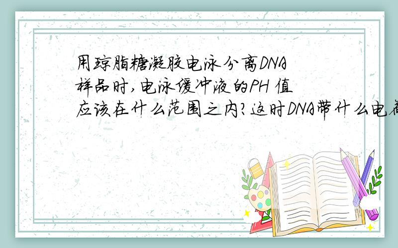 用琼脂糖凝胶电泳分离DNA 样品时,电泳缓冲液的PH 值应该在什么范围之内?这时DNA带什么电荷?加样品后,电源的正负极如何接电泳槽两极?