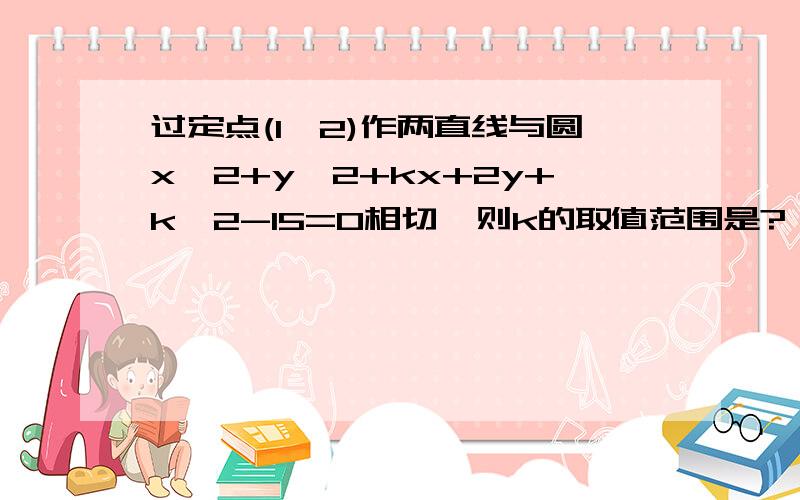 过定点(1,2)作两直线与圆x^2+y^2+kx+2y+k^2-15=0相切,则k的取值范围是?