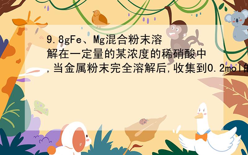 9.8gFe、Mg混合粉末溶解在一定量的某浓度的稀硝酸中,当金属粉末完全溶解后,收集到0.2mol的NO气体（设稀硝酸的还原产物只有NO）,在反应后的溶液中加入足量的KOH溶液,可生成氢氧化物沉淀的质