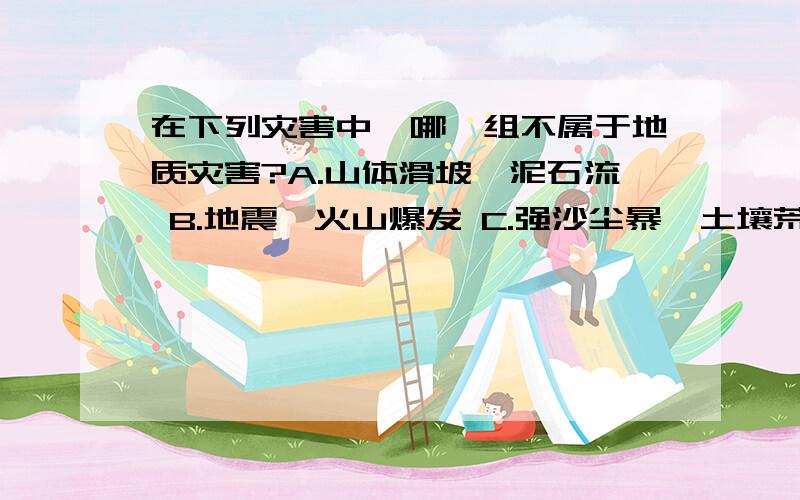 在下列灾害中,哪一组不属于地质灾害?A.山体滑坡、泥石流 B.地震、火山爆发 C.强沙尘暴、土壤荒漠化在下列灾害中,哪一组不属于地质灾害?A.山体滑坡、泥石流B.地震、火山爆发C.强沙尘暴、