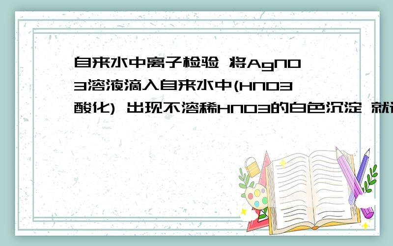 自来水中离子检验 将AgNO3溶液滴入自来水中(HNO3酸化) 出现不溶稀HNO3的白色沉淀 就证明自来水中含CI-