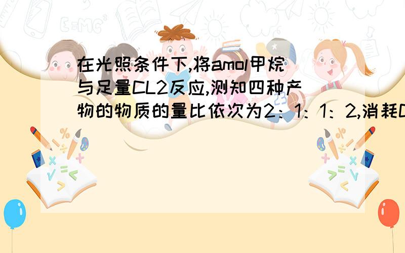 在光照条件下,将amol甲烷与足量CL2反应,测知四种产物的物质的量比依次为2：1：1：2,消耗CL2的物质的量?2.5a mol