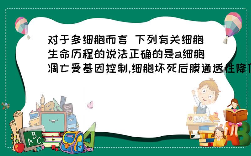 对于多细胞而言 下列有关细胞生命历程的说法正确的是a细胞凋亡受基因控制,细胞坏死后膜通透性降低b造血干细胞分化成b细胞体现了细胞的全能性c衰老的生物体内的细胞都处于衰老状态d细