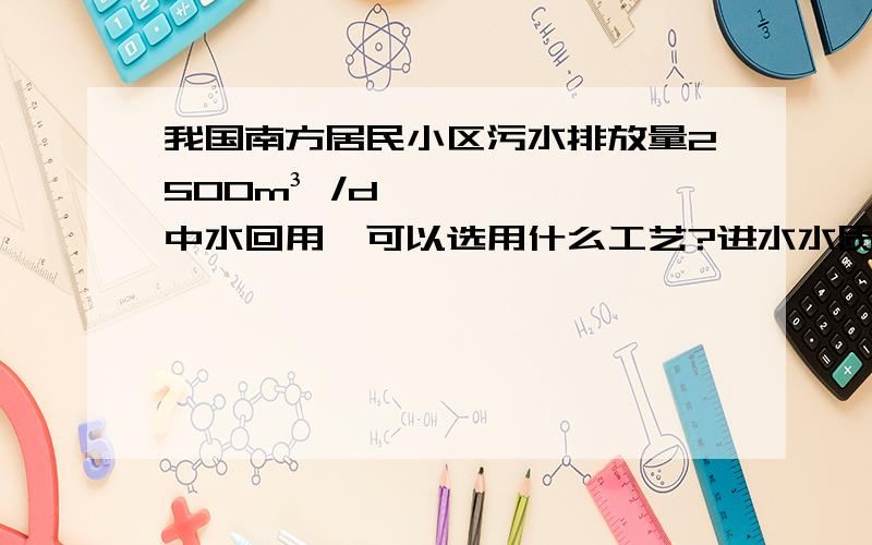 我国南方居民小区污水排放量2500m³ /d,中水回用,可以选用什么工艺?进水水质：COD：480mg/l；BOD5：270mg/l；SS：250mg/l；NH3-N：35mg/l处理出水水质要求达到《城市污水再生利用城市杂用水水质》