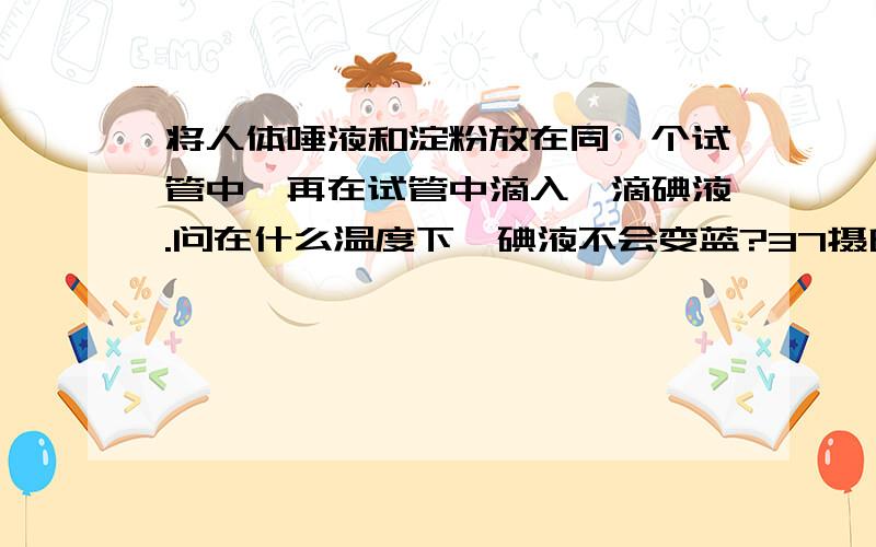 将人体唾液和淀粉放在同一个试管中,再在试管中滴入一滴碘液.问在什么温度下,碘液不会变蓝?37摄氏度?