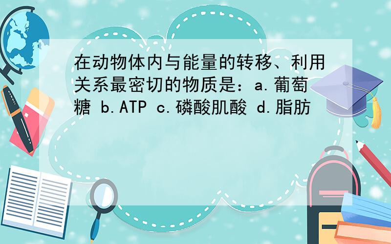 在动物体内与能量的转移、利用关系最密切的物质是：a.葡萄糖 b.ATP c.磷酸肌酸 d.脂肪