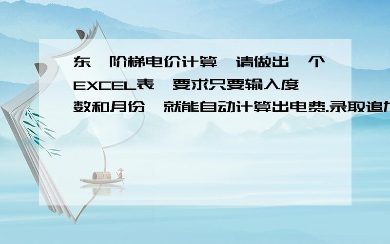 东莞阶梯电价计算,请做出一个EXCEL表,要求只要输入度数和月份,就能自动计算出电费.录取追加100份居民阶梯电价实施范围为广东省行政区域内实行“一户一表”的城乡居民用户.5月－10月执行