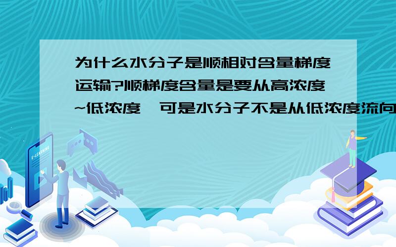 为什么水分子是顺相对含量梯度运输?顺梯度含量是要从高浓度~低浓度,可是水分子不是从低浓度流向高浓度吗?两者相矛盾啊