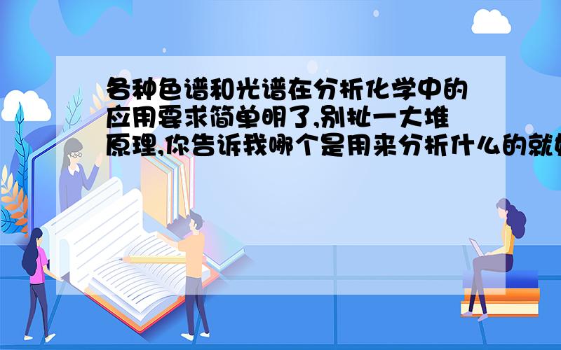 各种色谱和光谱在分析化学中的应用要求简单明了,别扯一大堆原理,你告诉我哪个是用来分析什么的就好了,例如,FT-IR用于原子结构分析.紫外：四个吸收带，产生、波长范围、吸光系数 红外