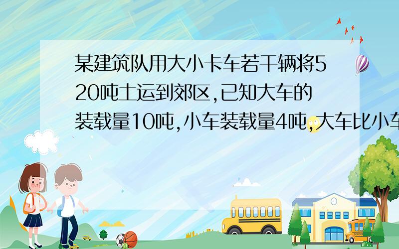 某建筑队用大小卡车若干辆将520吨土运到郊区,已知大车的装载量10吨,小车装载量4吨,大车比小车多2辆,而且每辆卡车都运了5次才运完,大小车各有多少辆?（用一元一次方程解答）