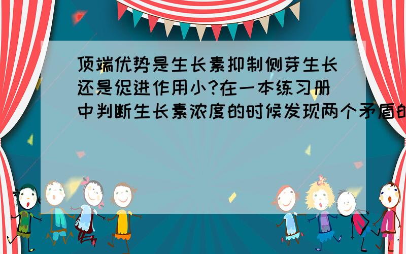 顶端优势是生长素抑制侧芽生长还是促进作用小?在一本练习册中判断生长素浓度的时候发现两个矛盾的解释：一种认为是抑制作用,所以生长素浓度大于抛物线的右端；另一种认为是促进得