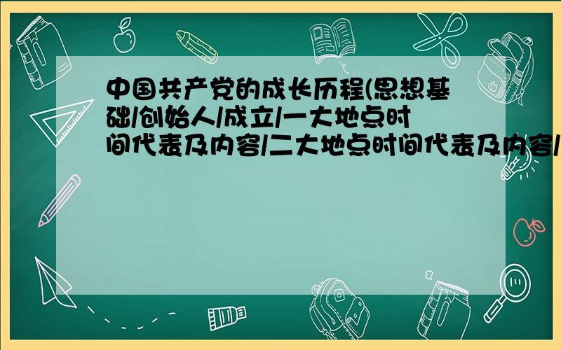 中国共产党的成长历程(思想基础/创始人/成立/一大地点时间代表及内容/二大地点时间代表及内容/三大地点时间代表及内容/历经的重大事件及结果/国共关系/遭受的曲折/取得的胜利/最终的