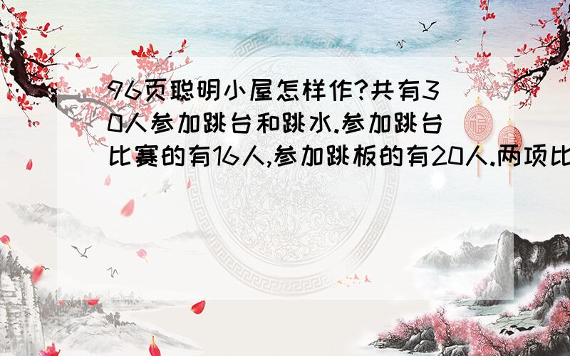 96页聪明小屋怎样作?共有30人参加跳台和跳水.参加跳台比赛的有16人,参加跳板的有20人.两项比赛都参加的有多少人?