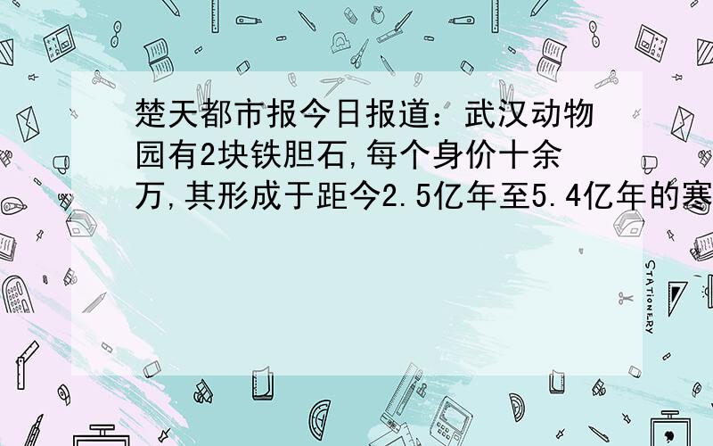 楚天都市报今日报道：武汉动物园有2块铁胆石,每个身价十余万,其形成于距今2.5亿年至5.4亿年的寒武纪早期.我2006年夏在大别山捡到的一块石头,很像照片上的铁胆石,色泽和纹路都极像,只不