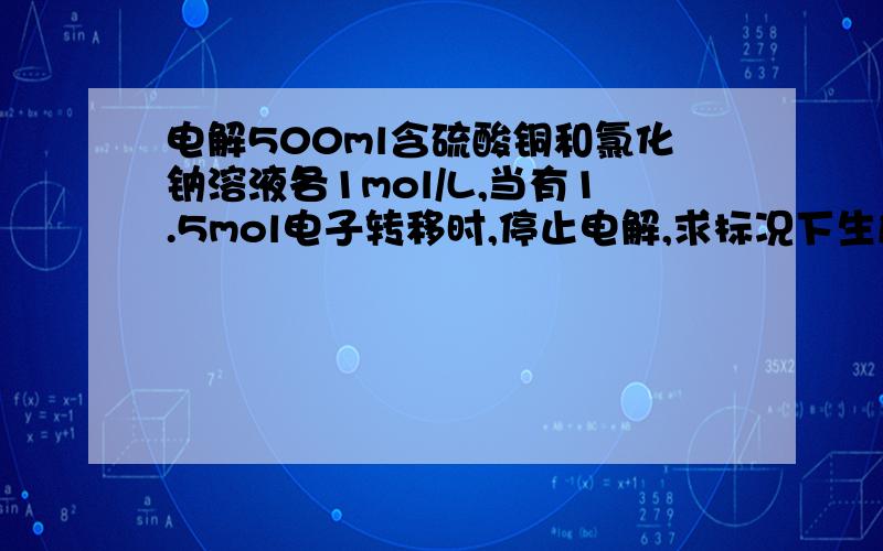 电解500ml含硫酸铜和氯化钠溶液各1mol/L,当有1.5mol电子转移时,停止电解,求标况下生成的气体体积急 急