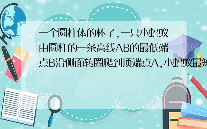 一个圆柱体的杯子,一只小蚂蚁由圆柱的一条高线AB的最低端点B沿侧面转圈爬到顶端点A,小蚂蚁最短路线怎走说明理由!