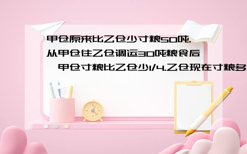 甲仓原来比乙仓少寸粮50吨.从甲仓往乙仓调运30吨粮食后,甲仓寸粮比乙仓少1/4.乙仓现在寸粮多少吨?这是一道数学奥赛题,尽量用方程做出来.