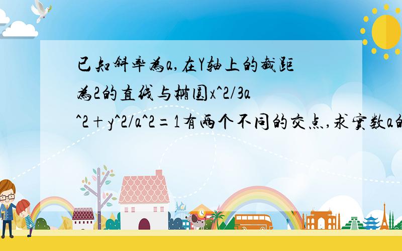 已知斜率为a,在Y轴上的截距为2的直线与椭圆x^2/3a^2+y^2/a^2=1有两个不同的交点,求实数a的取值范围.