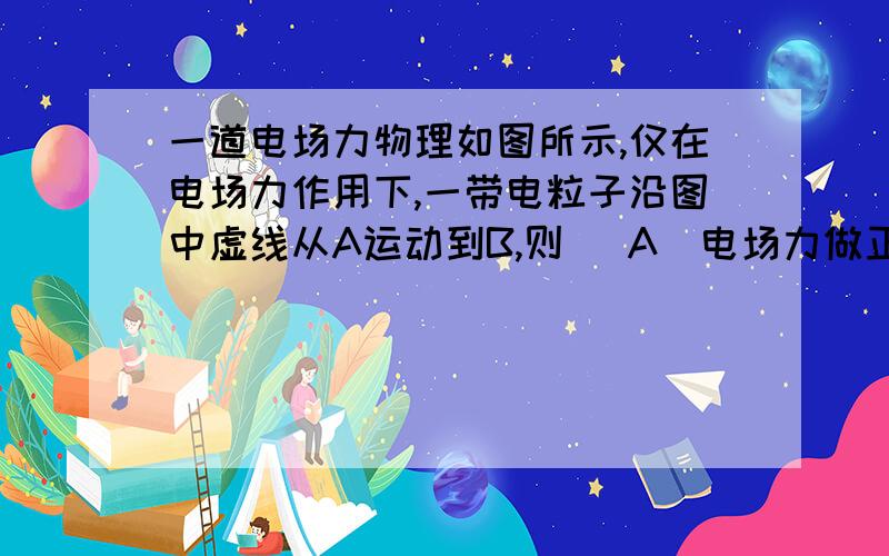 一道电场力物理如图所示,仅在电场力作用下,一带电粒子沿图中虚线从A运动到B,则 (A)电场力做正功 (B)动能减少 (C)电势能增加 (D)加速度增大