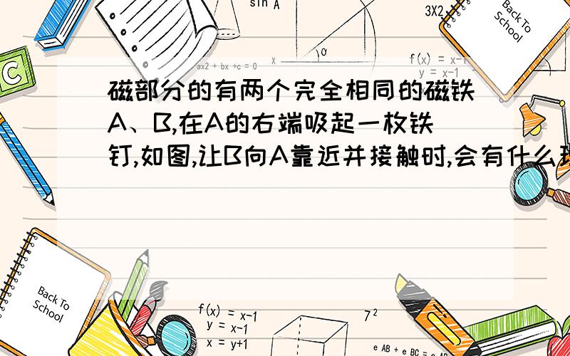 磁部分的有两个完全相同的磁铁A、B,在A的右端吸起一枚铁钉,如图,让B向A靠近并接触时,会有什么现象发生,实际做做看,你能解释发生此现象的原因吗?