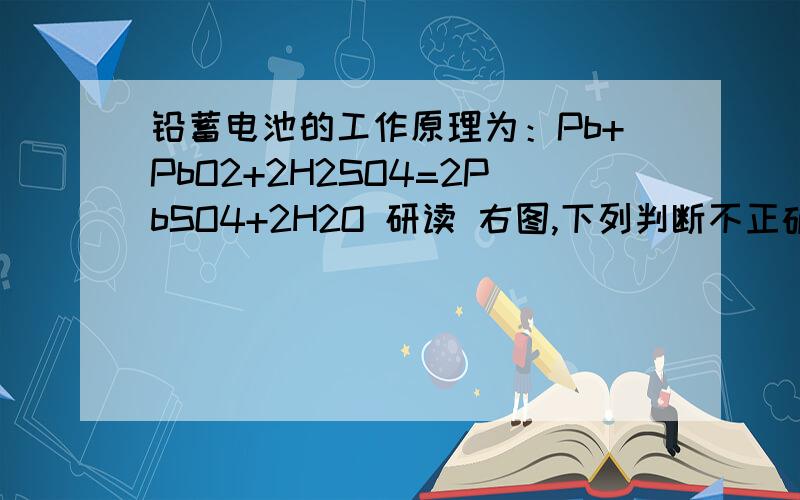 铅蓄电池的工作原理为：Pb+PbO2+2H2SO4=2PbSO4+2H2O 研读 右图,下列判断不正确的的是A.K 闭合时,d电极反应式：PbSO4+2H2O-2e=PbO2+（4H^+ ）+ SO4^2-B.当电路中转移0.2mol电子时,I中消耗的H2SO4 为0.2 molC.K闭合