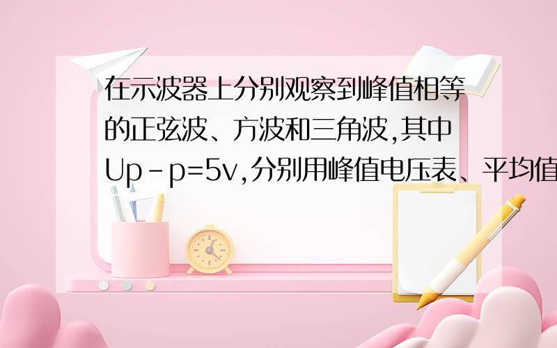 在示波器上分别观察到峰值相等的正弦波、方波和三角波,其中Up-p=5v,分别用峰值电压表、平均值电压表和有效值电压表测量,试求读书分别是多少?