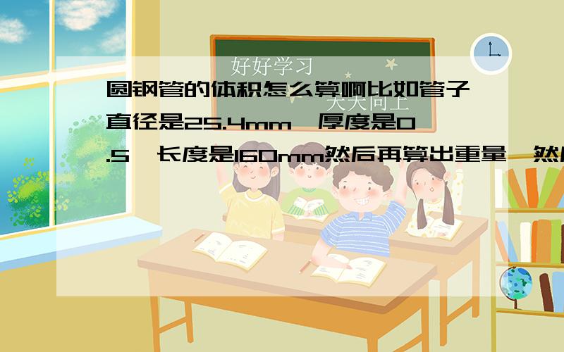 圆钢管的体积怎么算啊比如管子直径是25.4mm,厚度是0.5,长度是160mm然后再算出重量,然后再算出米数之后再核对价格,好绕啊,我脑子都不够用?有谁明白我在讲什么的希望能够回答我哦~主任在我