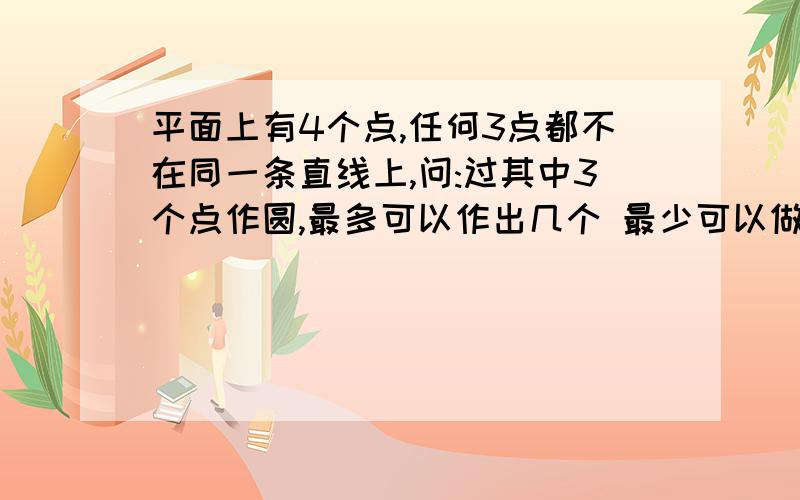 平面上有4个点,任何3点都不在同一条直线上,问:过其中3个点作圆,最多可以作出几个 最少可以做出几个圆说明理由,并作出示意图