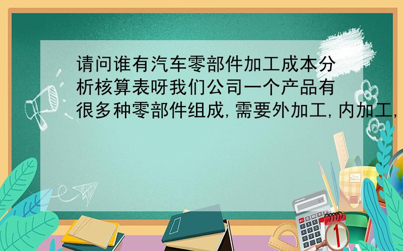 请问谁有汽车零部件加工成本分析核算表呀我们公司一个产品有很多种零部件组成,需要外加工,内加工,还有些是需要外购买的,现在老板要我初步去核算下一个一个产品的成本,所以我要先核