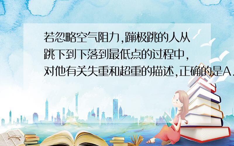 若忽略空气阻力,蹦极跳的人从跳下到下落到最低点的过程中,对他有关失重和超重的描述,正确的是A.先完全失重状态,后超重状态B.一直处于超重状态C.一直处在完全失重状态D.一直处在超重状