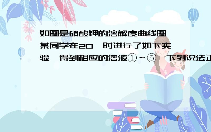 如图是硝酸钾的溶解度曲线图,某同学在20℃时进行了如下实验,得到相应的溶液①～⑤,下列说法正确的是A．保持温度不变,若在④中加入4.5KNO3固体可得到饱和溶液B．②③⑤中溶质的质量分数