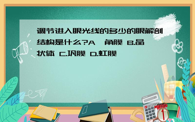 调节进入眼光线的多少的眼解剖结构是什么?A,角膜 B.晶状体 C.巩膜 D.虹膜