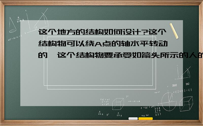 这个地方的结构如何设计?这个结构物可以绕A点的轴水平转动的,这个结构物要承受如箭头所示的人的重量.人坐在箭头这个位置上.这个位置用什么轴承?平面的还是推力的,有什么资料可以参考